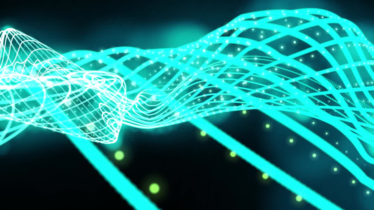 Abstract blue waves motion is waving dots texture with glowing defocused particles at black background