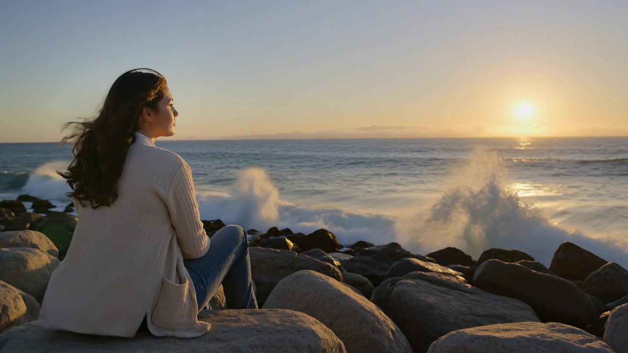 Mujer sentada tocándose el pelo con la brisa, ola rompiendo en las rocas, atardecer, suéter y vaqueros, espacio para texto