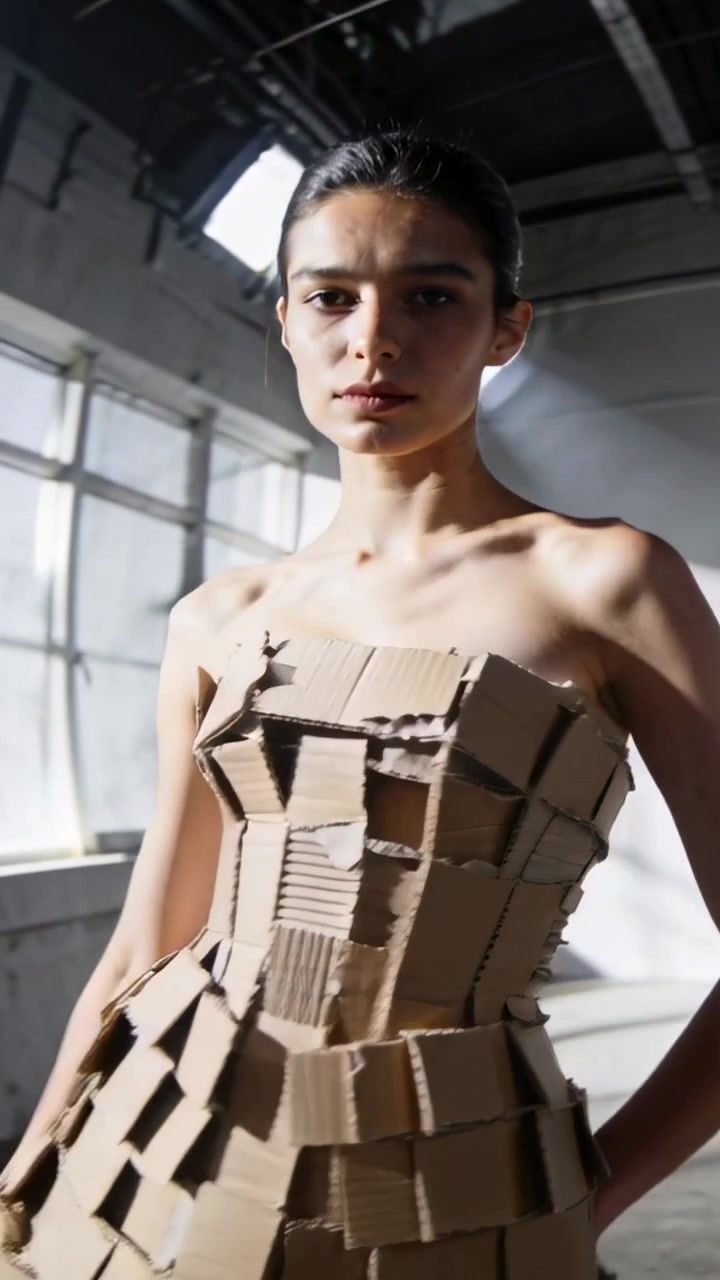 Vertical video: Camera pulling back, model presenting cardboard corset in studio for runway