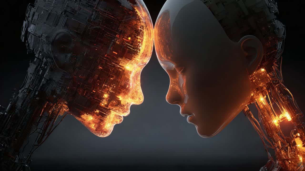 Un incontro affascinante tra due androidi futuristici, che mostra un design intricato e dettagli luminescenti che evidenziano l'intersezione tra umanità e tecnologia