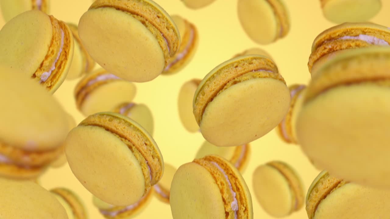 노란색 마카론이 떨어지는 느린 모션