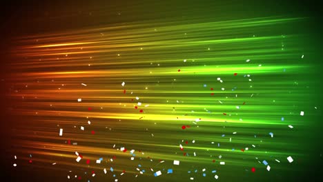 Animation-of-confetti-falling-over-glowing-green-to-orange-light-trails-in-background