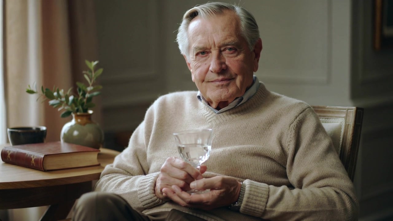 Reacting to camera, senior man in tan sweater cradling stemmed glass and adjusting grip at home