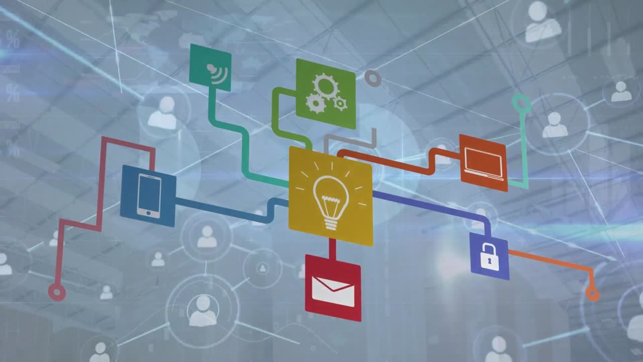 animación de la red de conexiones con iconos sobre personas de negocios que usan auriculares telefónicos