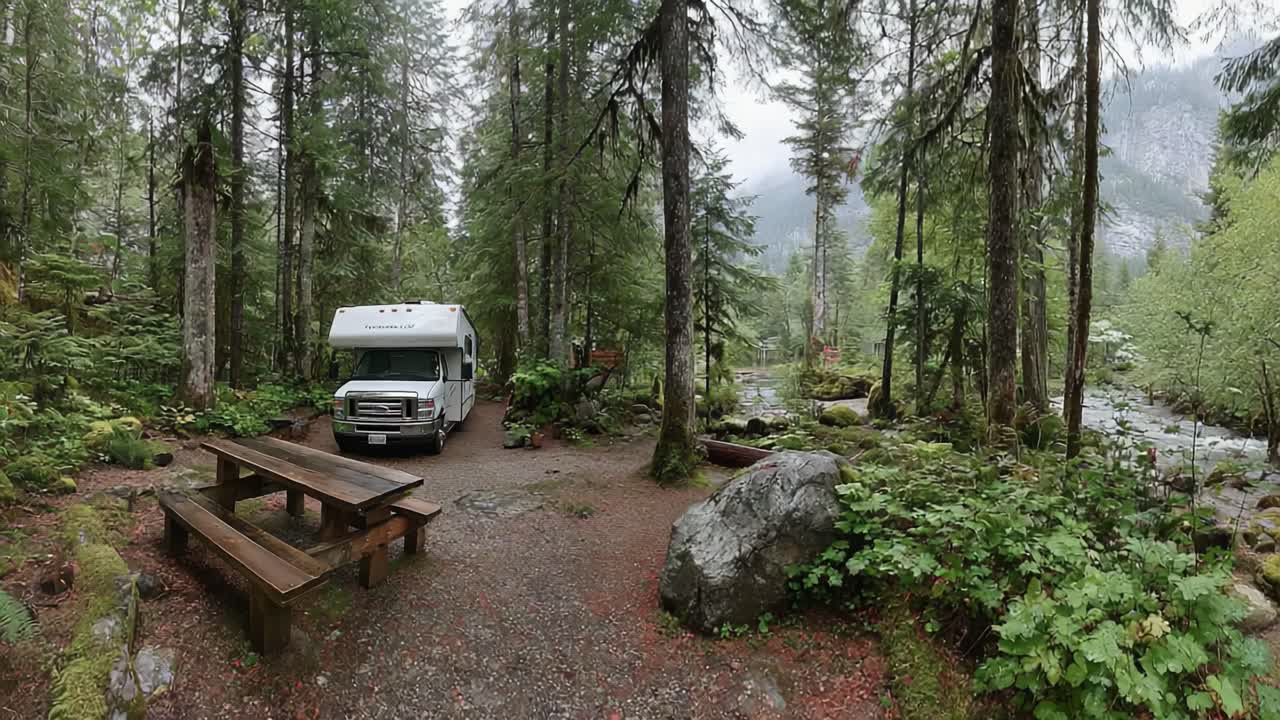 Un tranquillo campeggio immerso in foreste lussureggianti e ruscelli placidi, dotato di un accogliente camper e tavoli da picnic rustici per un'esperienza all'aperto perfetta.