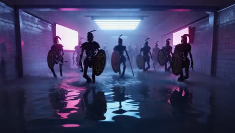 skeletal warriors march through a flooded, neon-lit underground tunnel