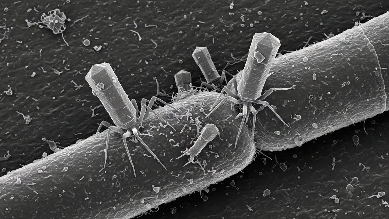 Incredible Close-up of Bacteriophages Attacking Bacterial Cells Under Electron Microscope, Showcasing Their Unique Structure and Interaction on Surfaces.