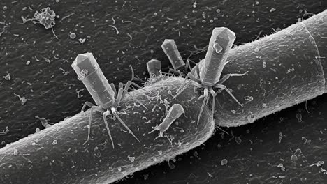 incredible close-up of bacteriophages attacking bacterial cells under electron microscope, showcasing their unique structure and interaction on surfaces.