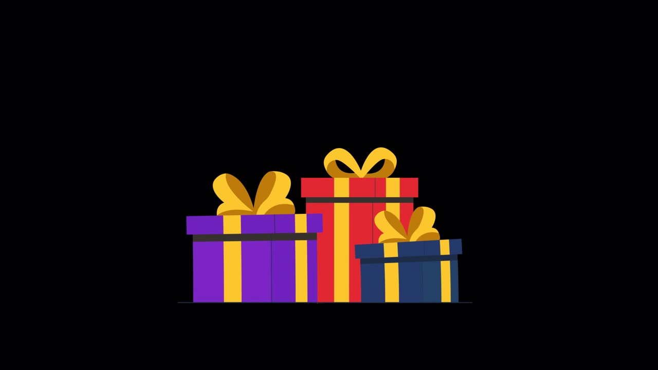 Pila animata di scatole regalo colorate che compaiono su sfondo nero