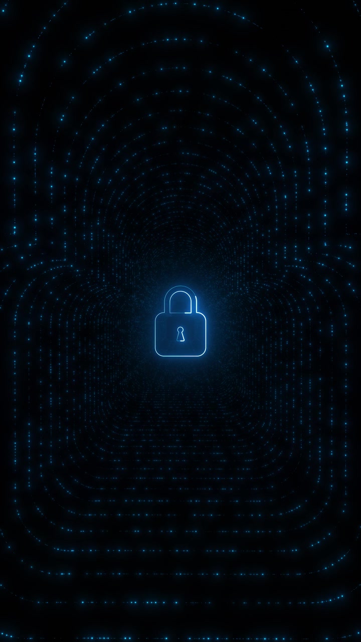 Digital padlock protection visual with blue security tunnel glowing lock outline data particles and