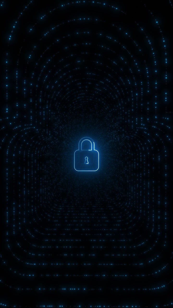 Digital padlock protection visual with blue security tunnel glowing lock outline data particles and