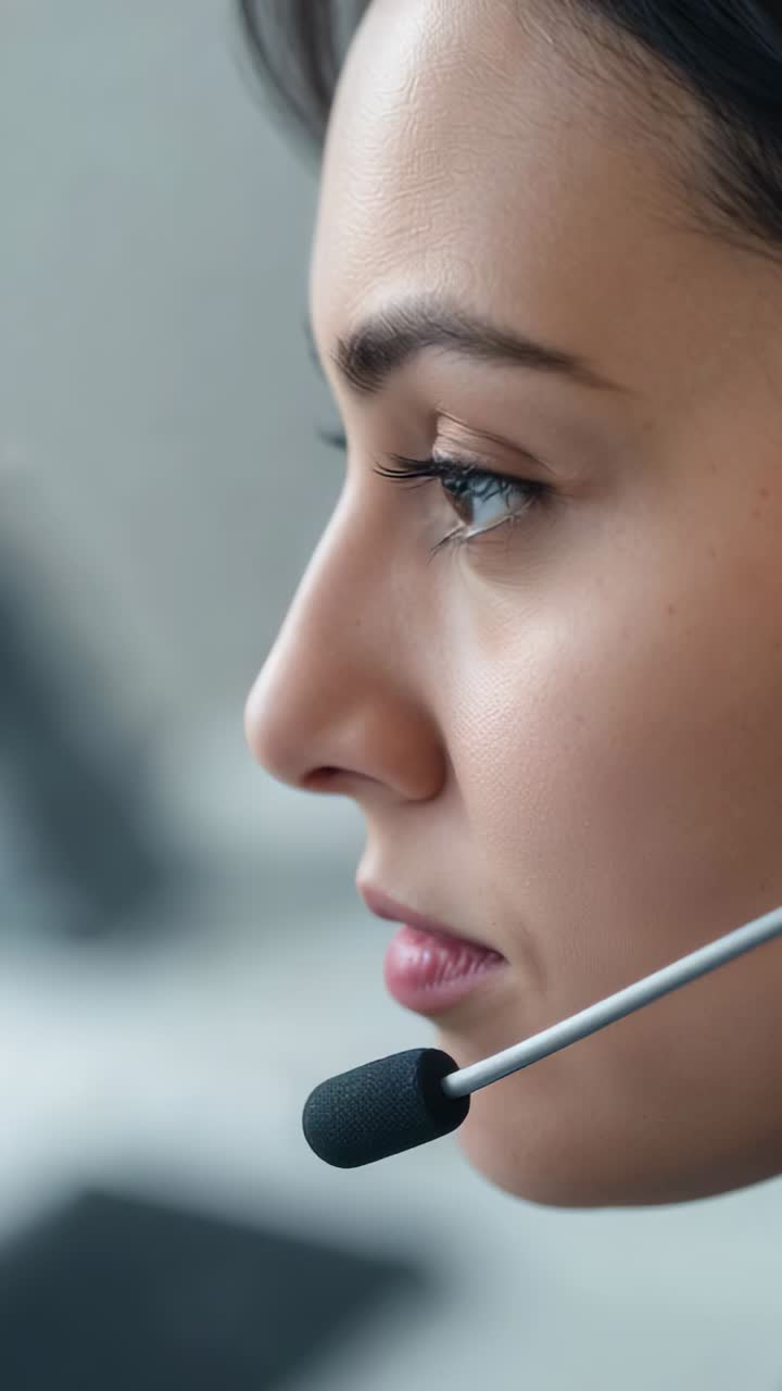 Video verticale: monitor da lettura, agente dell'assistenza che parla con le cuffie alla scrivania del call center