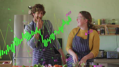 stock market data animation over people cooking together in kitchen