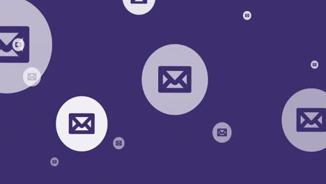 animación de los iconos de los sobres volando sobre un fondo púrpura