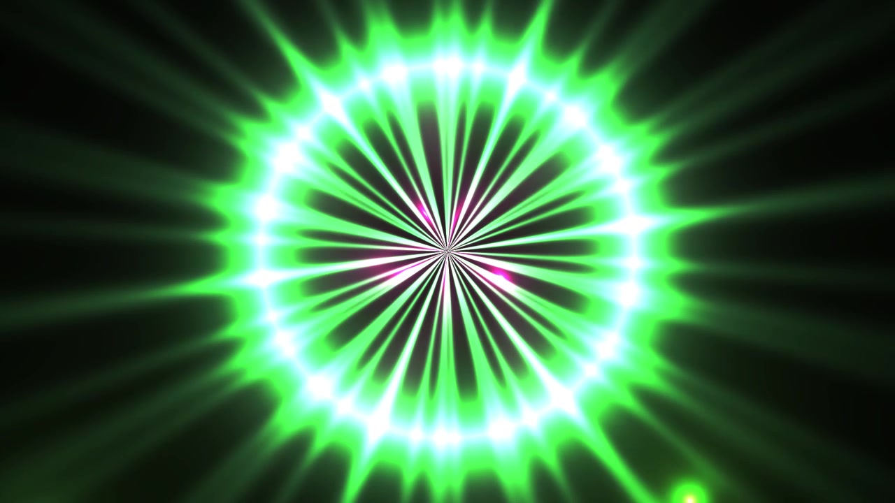 Abstract Green Light Rays Expanding and Pulsating on Black Background