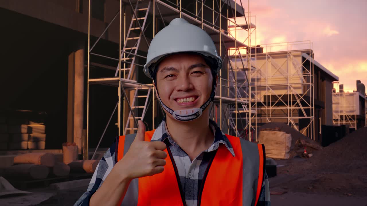 Young Asian Construction Worker Smiling and Giving Thumbs Up at Sunset