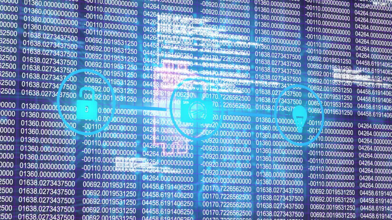 Animation of digital data and binary code with futuristic technology interface