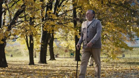 senior man with walking stick at the park.