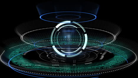 digital animation of multiple neon round scanners against black background