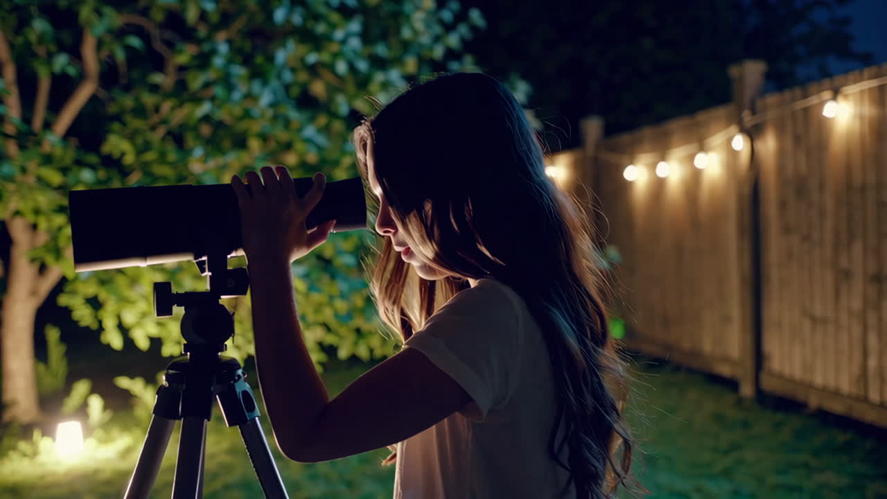 Girl with Telescope at Night