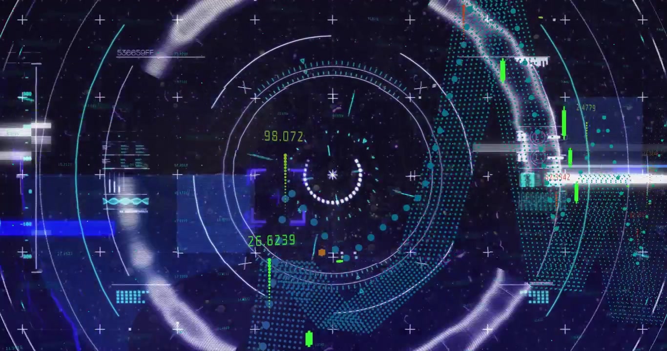 HUD pulsing, magenta line drawing causing ribbon morphing into teal wave carrying bars and data