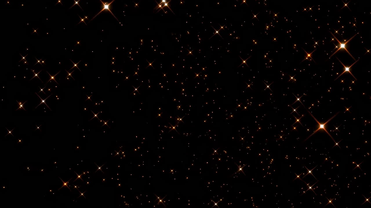 Golden Starfield Twinkling Across Black Sky, Orange Sparkles Drifting In Depth, Cinematic Background