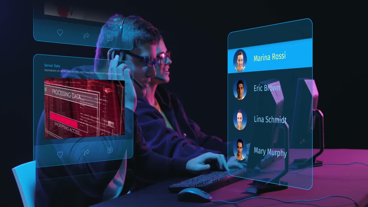 Animation of social media posts and people profiles over diverse people using computers