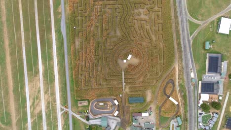 Aerial-View-from-Above-of-a-Large-Corn-Maze-with-a-Down-Angle-Moving-across-in-Autumn-as-Seen-by-a-Drone