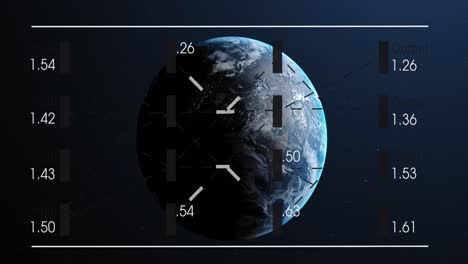 animation of data processing and spinning globe against blue background