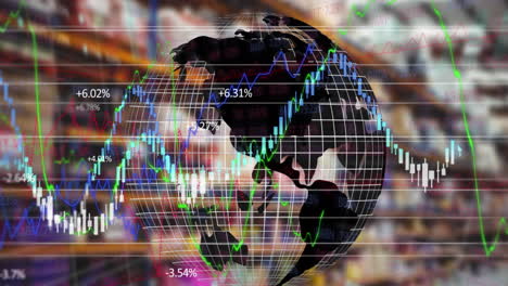 finanz- und aktienmarktdatenverarbeitung über den sich drehenden globus gegen das lager