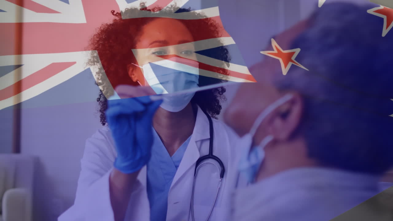 남성 환자에게 코로나19 스와브 검사를 하는 마스크를 쓴 여성 의사와 함께 오스트레일리아 국기의 애니메이션