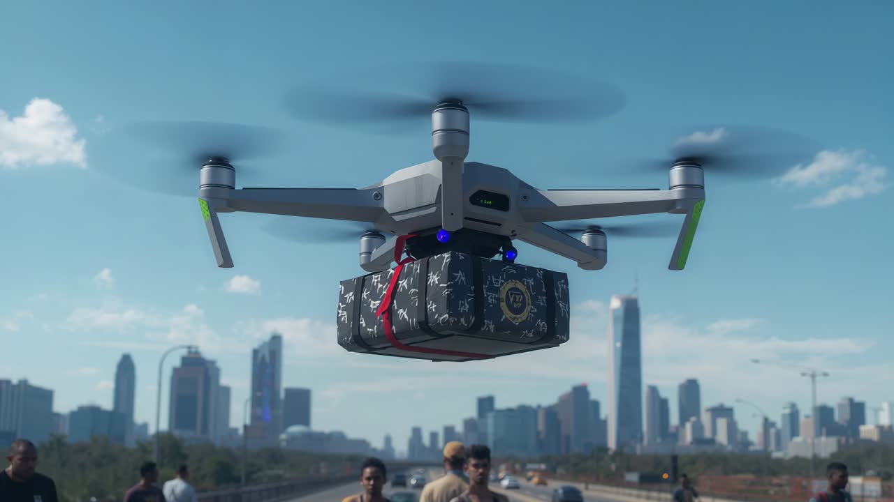Approaching drone hovering on bridge, carrying red-strap package, making men in tees glance upward