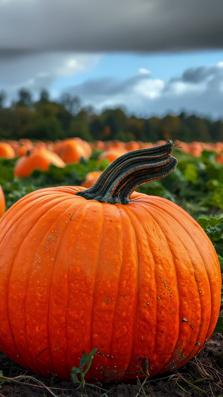 Vibrant Pumpkins Growing in a Sunny Field During Autumn Harvest. Bright orange pumpkins are scattered across a lush green field under a partly cloudy sky. Vertical video