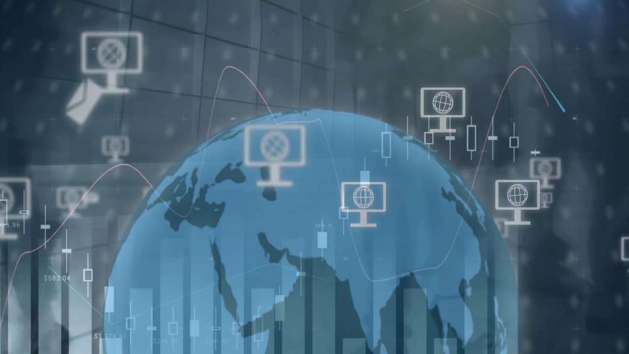 컴퓨터와 봉투 아이콘을 가진 지구상의 애니메이션 데이터 처리와 사업가들이 고 있습니다.