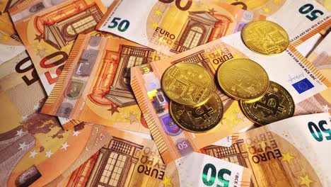 cryptocurrency coins lie atop euro cash in flatlay, new age of digital money