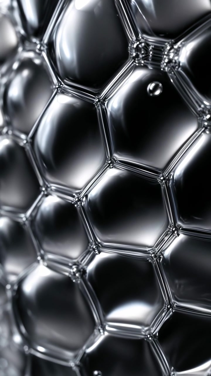 Close view advances toward repeating dark metallic cells while white reflections slide over smooth faces and narrow borders, shifting from layered depth to larger geometric detail.