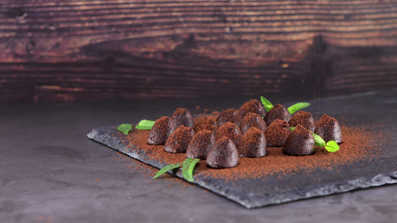 rociado con trufas de chocolate de cacao en pizarra