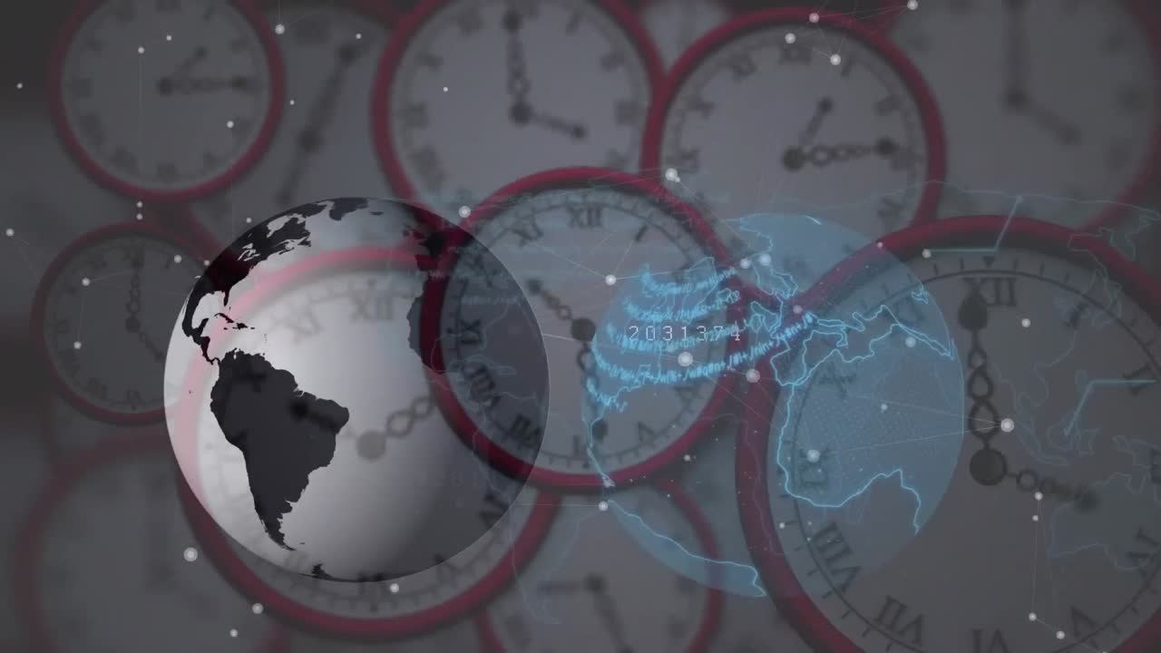 연결 네트워크와 시계에 대한 데이터 처리와 함께 지구의 애니메이션