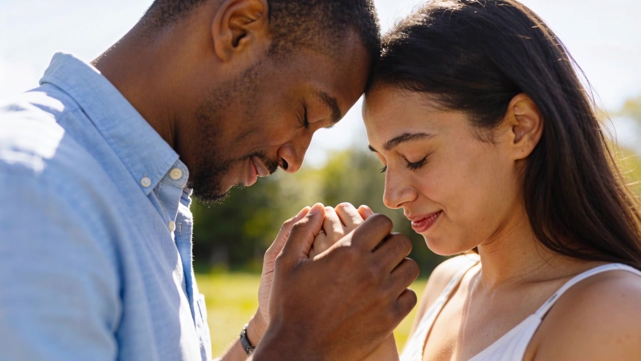 Cupping her hands, man showing love, leaning foreheads at sunny park, blue shirt white top, watch