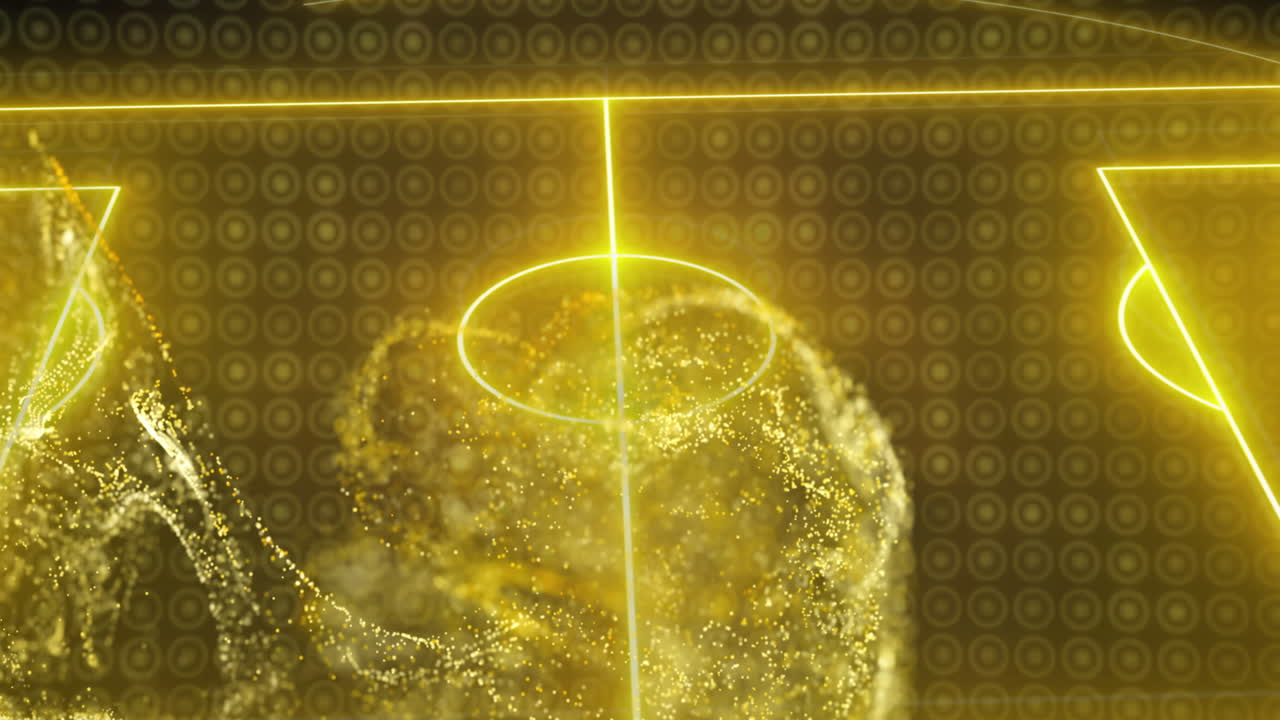 노란색 디지털 파동의 애니메이션과 검은색 배경의 점 패턴에 대한 축구장 레이아웃