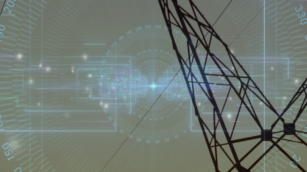 Digital interface animation overlaid on power line structure against sky