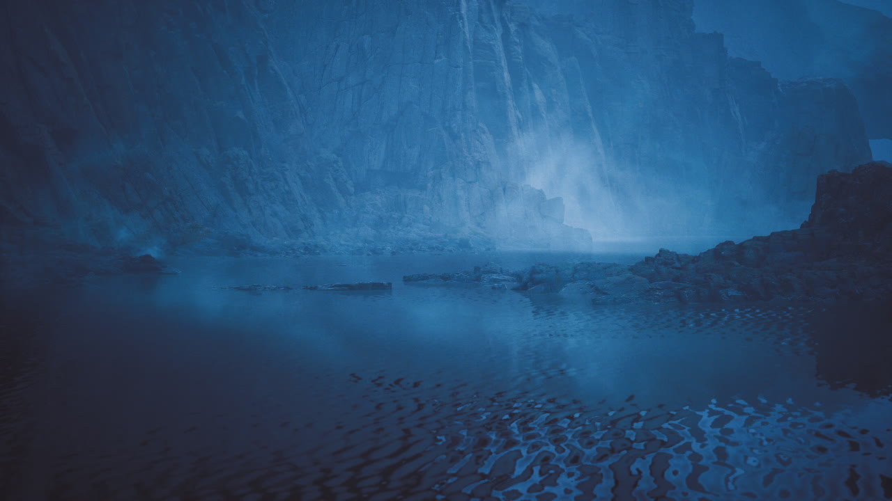 Dark underwater cave with illuminated water in a serene environment
