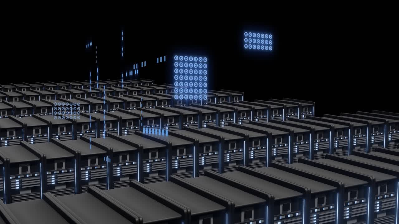 Animation of circuit board and digital data processing over computer servers