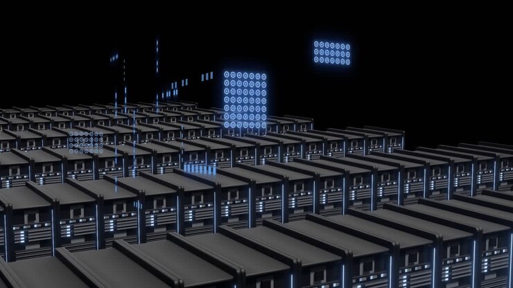 Animation of circuit board and digital data processing over computer servers