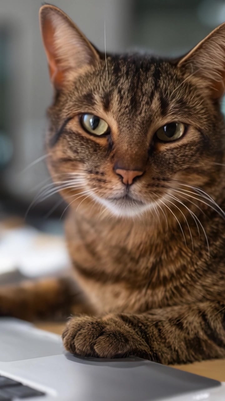 Primer plano de un gato atigrado posando tranquilamente junto a un portátil, mostrando hermosos patrones de pelaje y expresivos ojos verdes en un entorno interior relajado.
