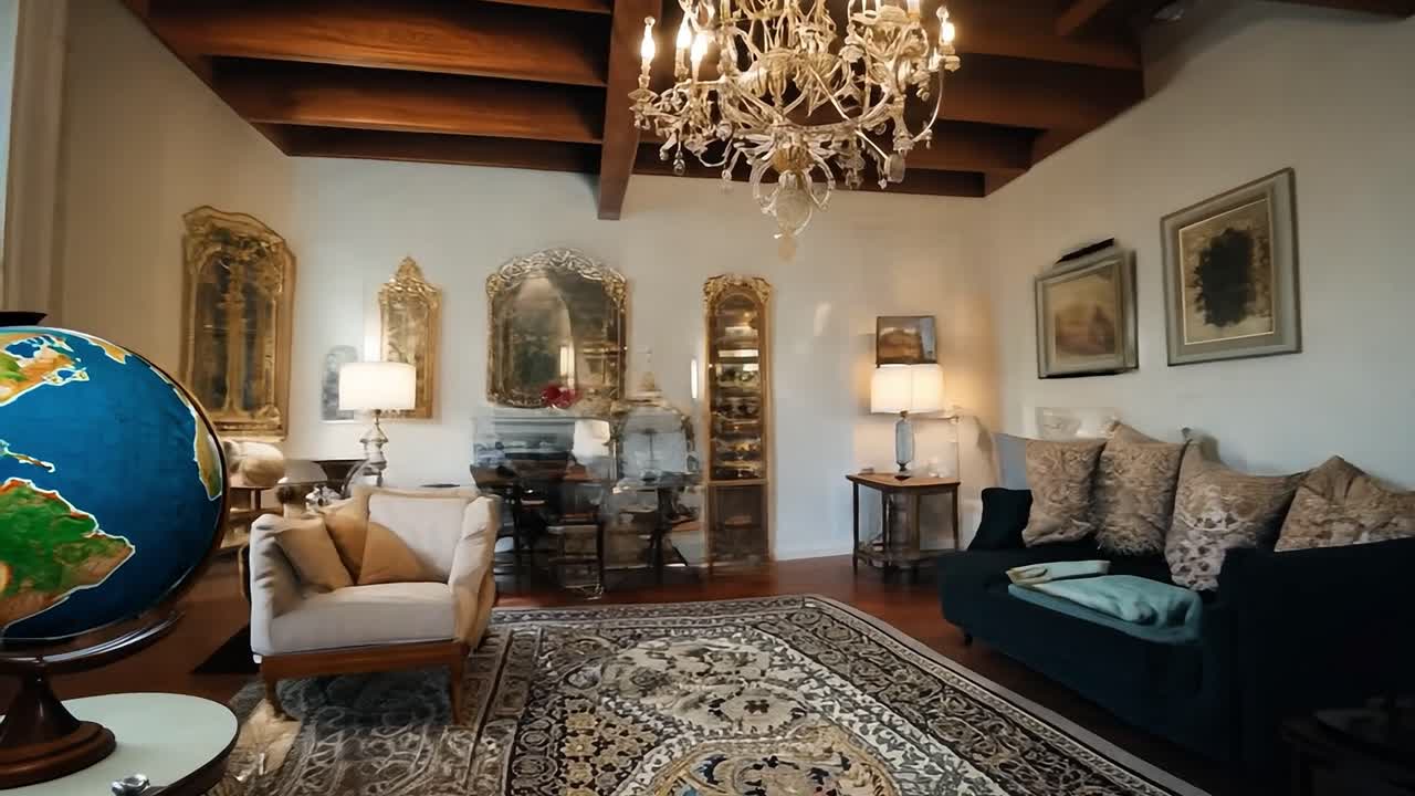 elegante y lujoso interior de la sala de estar con un globo y una chimenea