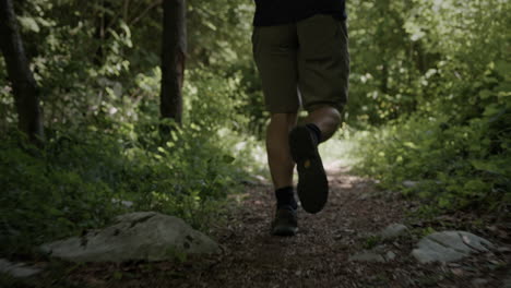 Ein-Junger-Mann,-Der-Auf-Einem-Waldweg-Zwischen-Büschen-Und-Bäumen-Läuft