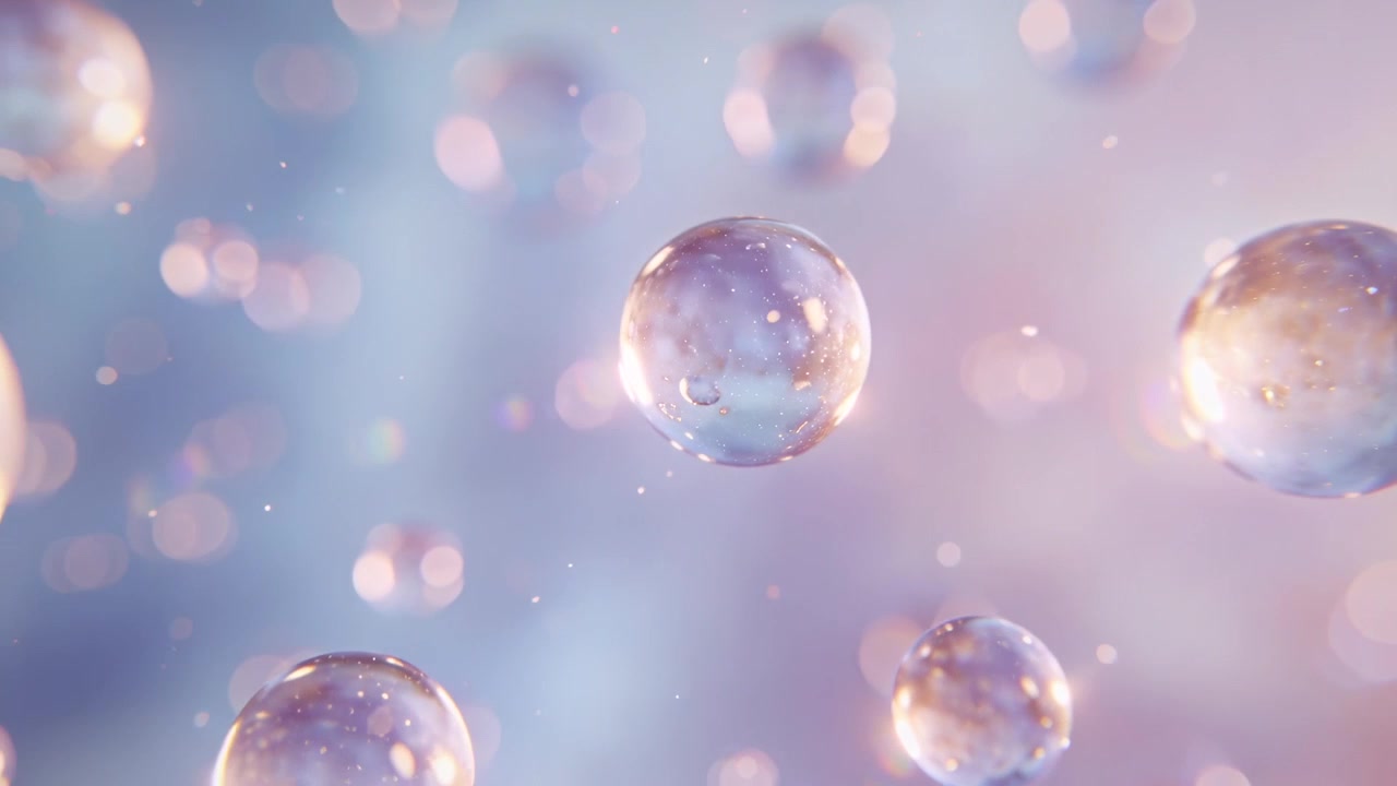 Drifting central bubble centering on pastel backdrop amid light shift and parallax, revealing drops