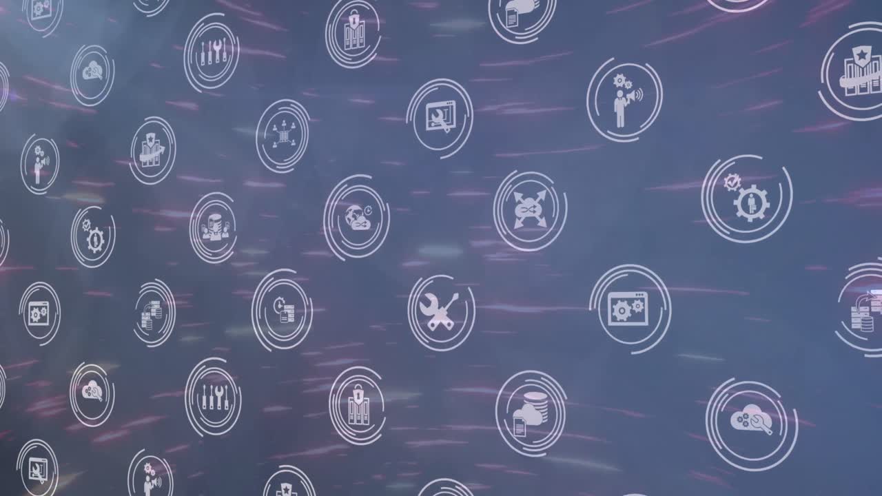 animación de múltiples iconos en círculos que se mueven contra las líneas iluminadas.