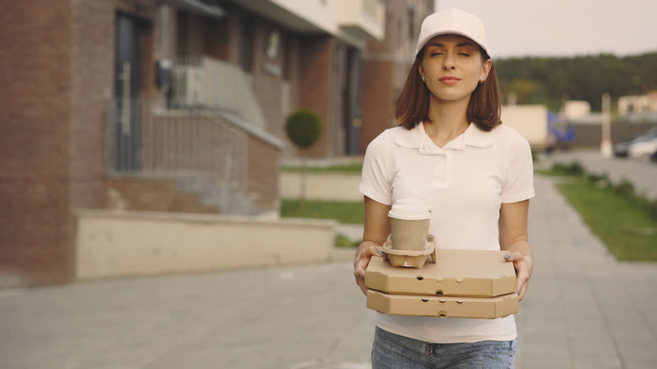 mujer entregando pizza y café